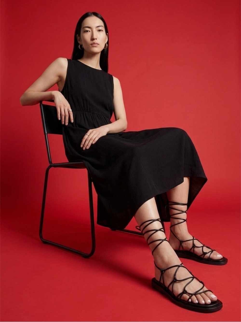 GINA STRAPPY FLAT SANDALS WITH ANKLE TIE IN BLACK